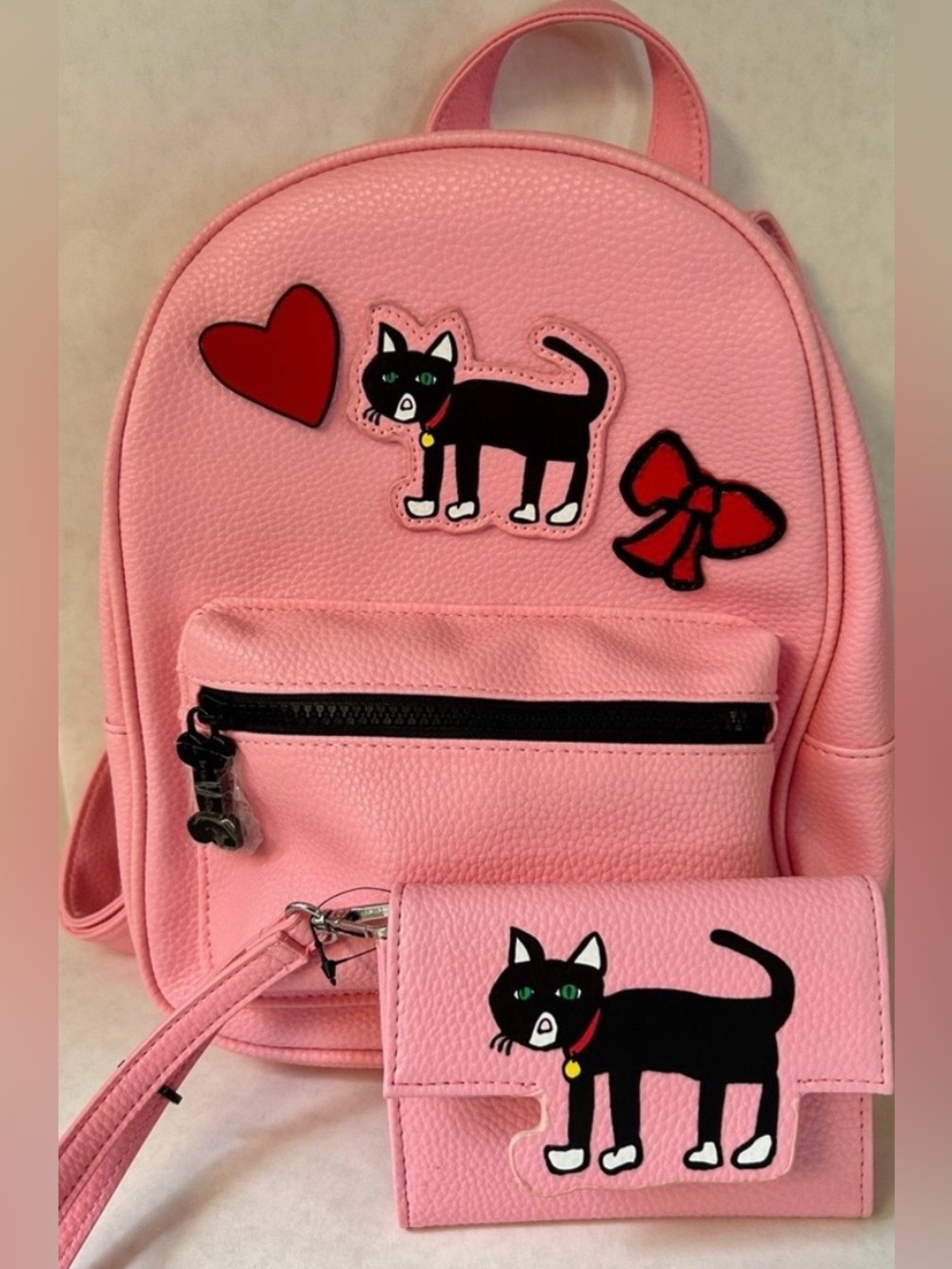 Marc Tetro pink mini backpack handbag purse and wallet cat and heart design New